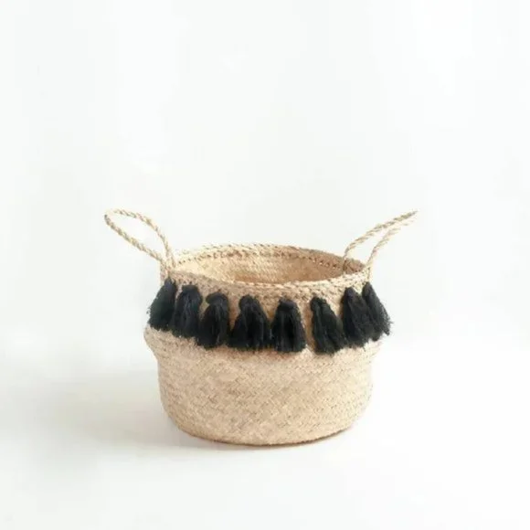 Black Tasseled Belly Basket - Set of 2